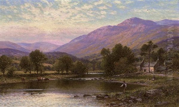 An Angler On The Derwent, Cumberland Oil Painting by Alfred Augustus Glendening Sr.