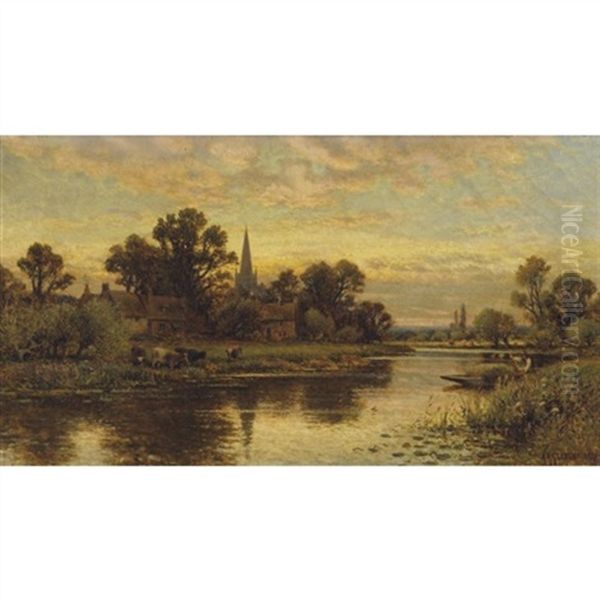 Landscape With Cattle Watering By A Stream Oil Painting by Alfred Augustus Glendening Sr.