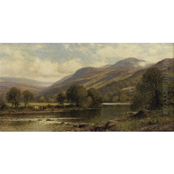 River Landscape With Watering Cattle Oil Painting by Alfred Augustus Glendening Sr.