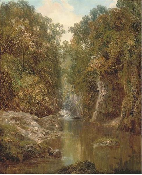 A Wooded River Landscape Oil Painting by Alfred Augustus Glendening Sr.