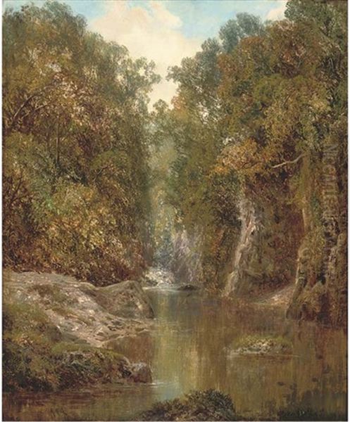 A Wooded River Landscape Oil Painting by Alfred Augustus Glendening Sr.