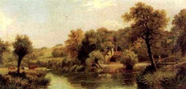 Cottage By A Stream With A Girl On A Bridge And Cattle Grazing In A Nearby Field Oil Painting by Alfred Augustus Glendening Sr.