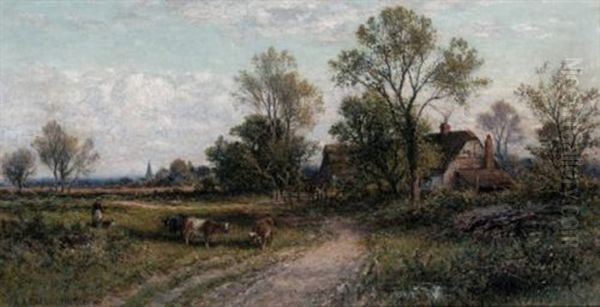 Country Lane With Cattle Oil Painting by Alfred Augustus Glendening Sr.