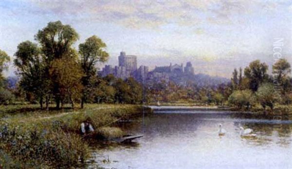 On The Thames With A View Of Windsor Castle Oil Painting by Alfred Augustus Glendening Sr.