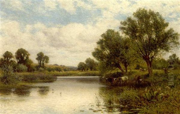 Cattle Watering Oil Painting by Alfred Augustus Glendening Sr.