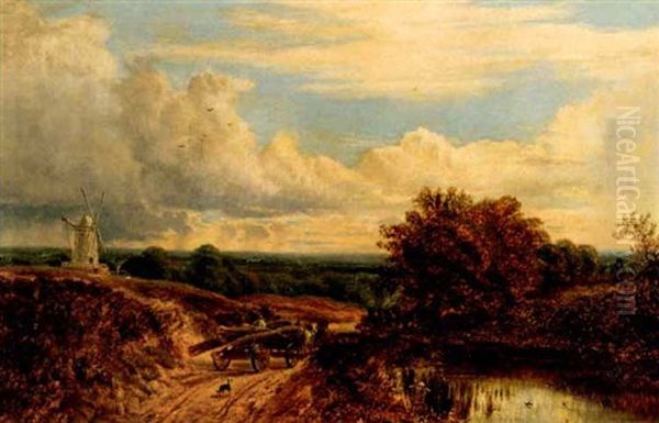 Driver With Horse Cart And Dog On A Road Near A Pond With Distant Windmill Oil Painting by Alfred Augustus Glendening Sr.