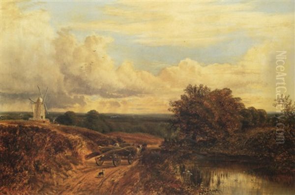 Driver With Horse Cart And Dog On A Road Near A Pond With Distant Windmill by Alfred Augustus Glendening Sr.