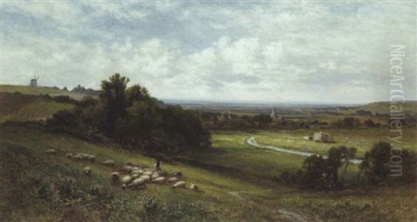 Driving Sheep, Alfriston, Sussex Oil Painting by Alfred Augustus Glendening Sr.