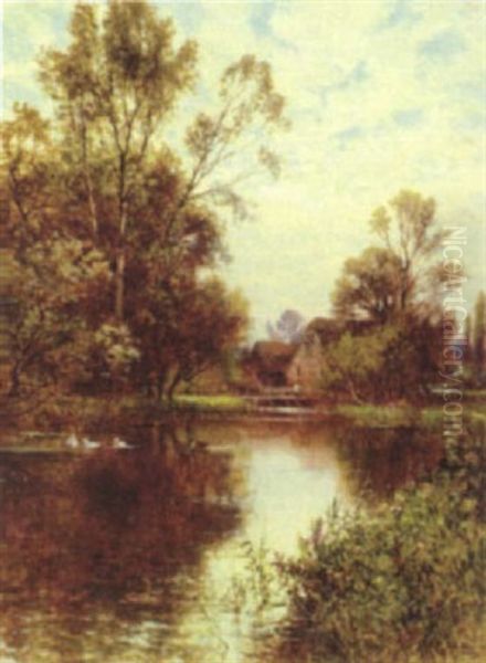 Figure Outside A Cottage By A Duck Pond Oil Painting by Alfred Augustus Glendening Sr.