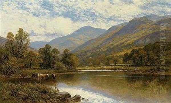 Cattle Watering, North Wales Oil Painting by Alfred Augustus Glendening Sr.