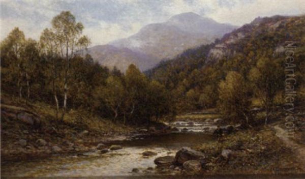 An Angler On The Bank Of A River Oil Painting by Alfred Augustus Glendening Sr.