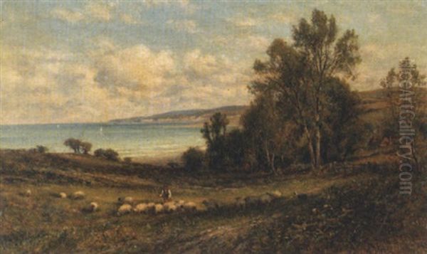 A Shepherd Driving Sheep Near The Coast Oil Painting by Alfred Augustus Glendening Sr.