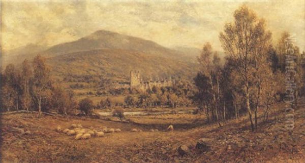 Shepherd And Sheep In A Landscape With A Castle Beyond Oil Painting by Alfred Augustus Glendening Sr.