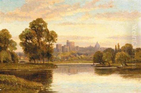 A River Landscape Oil Painting by Alfred Augustus Glendening Sr.