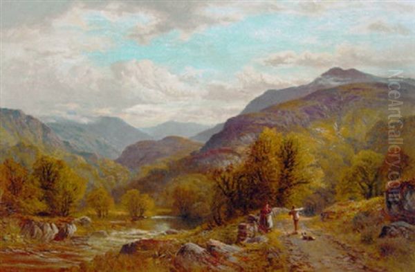 Figures On A Riverside Path In A Mountainous Landscape Oil Painting by Alfred Augustus Glendening Sr.