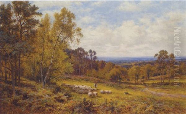 Sheep And Shepherd In A Kentish Landscape Oil Painting by Alfred Augustus Glendening Sr.