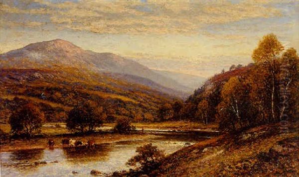 Cattle Watering With A Fisherman Beyond Oil Painting by Alfred Augustus Glendening Sr.