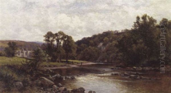 English River Landscape With Fishermen And Church Ruins Oil Painting by Alfred Augustus Glendening Sr.