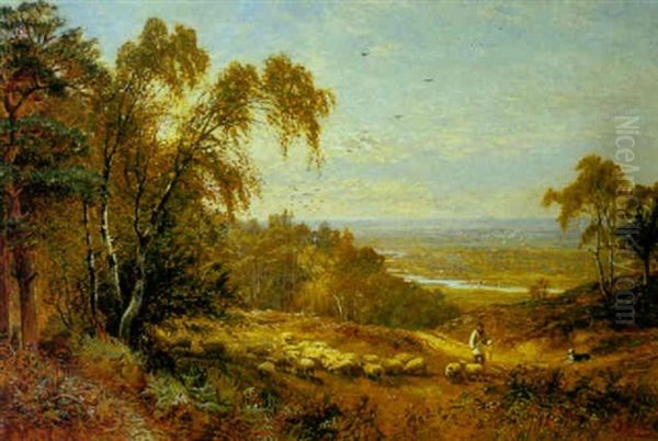 An Extensive River Landscape With A Shepherd And His Flock In The Foreground Oil Painting by Alfred Augustus Glendening Sr.