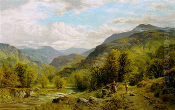 Figures By A River In A Mountainous Landscape Oil Painting by Alfred Augustus Glendening Sr.