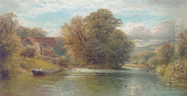 An Angler In A Boat, Near Shepperton, On The Thames Oil Painting by Alfred Augustus Glendening Sr.