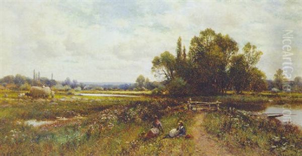 Girls Resting Before A Tranquil River Oil Painting by Alfred Augustus Glendening Sr.