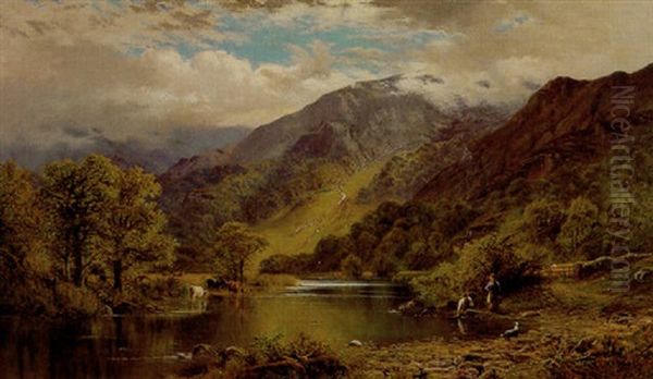 Inverness Mountain Landscape With Cattle And Figures Oil Painting by Alfred Augustus Glendening Sr.