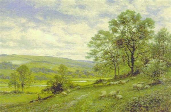 Shepherd And Flock In Tranquil Summer Landscape Oil Painting by Alfred Augustus Glendening Sr.