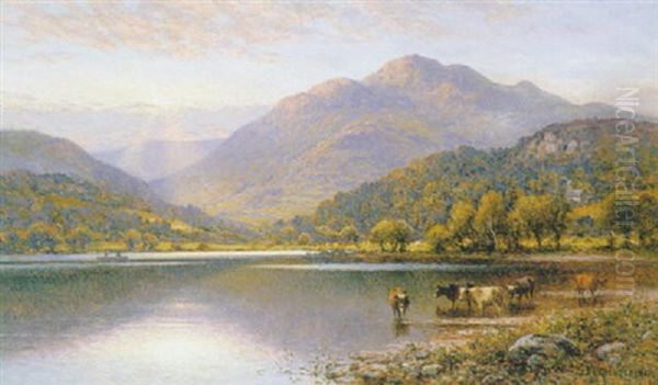 Cattle Watering By The Edge Of A Lake Oil Painting by Alfred Augustus Glendening Sr.