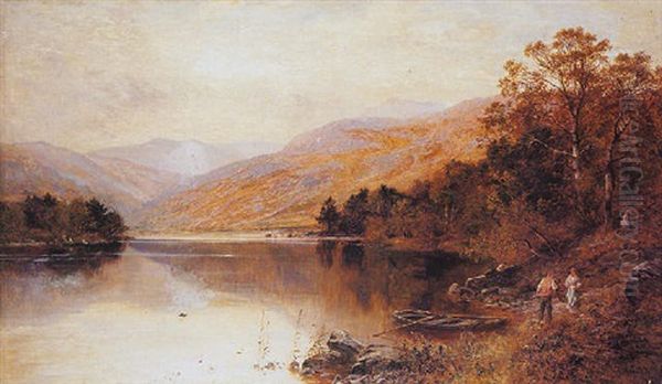 Figures By A Loch In A Highland Landscape Oil Painting by Alfred Augustus Glendening Sr.