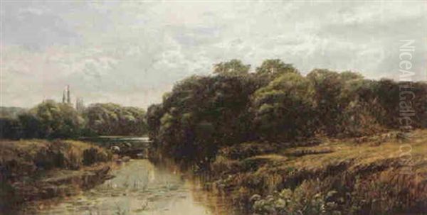 Figures In A Punt In A Wooded River Landscape Oil Painting by Alfred Augustus Glendening Sr.