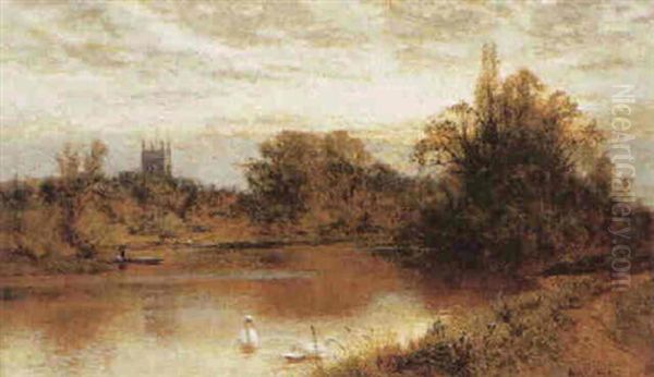 Swans On A River Before A Church Oil Painting by Alfred Augustus Glendening Sr.