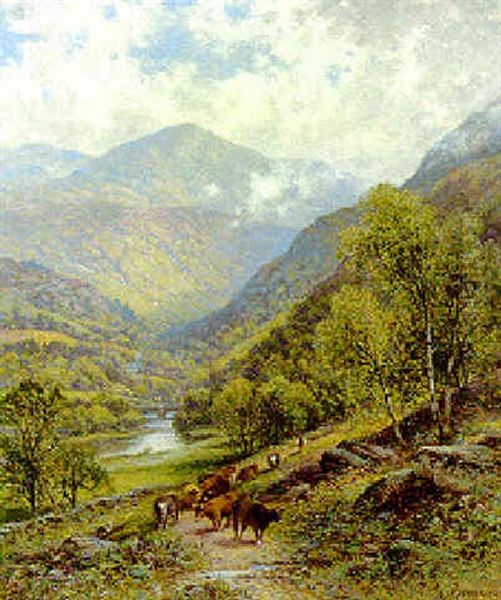 A Mountainous River Landscape With A Drover And Cattle Oil Painting by Alfred Augustus Glendening Sr.