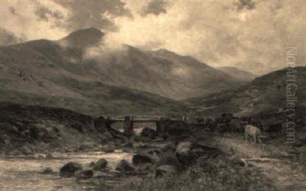 A Highland Landscape With A Cowherd Driving Cattle Across A Stream Oil Painting by Alfred Augustus Glendening Sr.