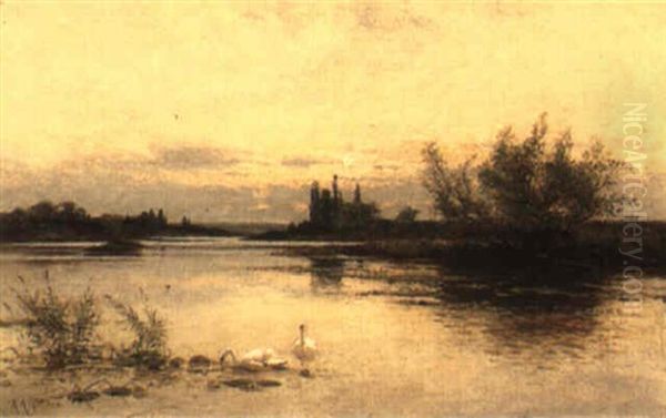 Swans On A River Oil Painting by Alfred Augustus Glendening Sr.