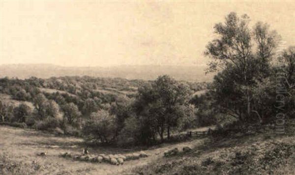 Herding Sheep In A Sunswept Valley Oil Painting by Alfred Augustus Glendening Sr.