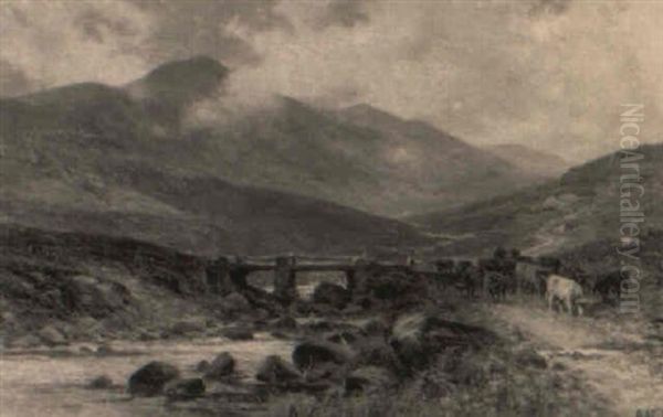 Driving Cattle Near Capel Curig Oil Painting by Alfred Augustus Glendening Sr.