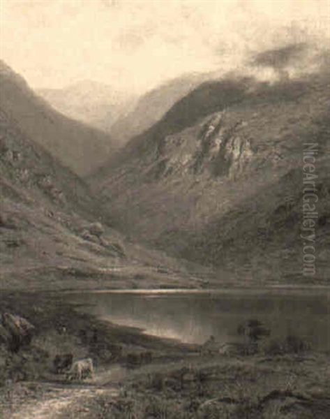 Highland Cattle Grazing By A Lake Oil Painting by Alfred Augustus Glendening Sr.