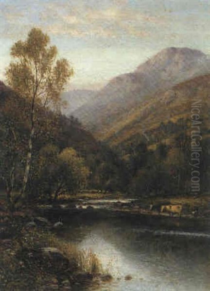 Cattle Watering In A Highland Valley Oil Painting by Alfred Augustus Glendening Sr.