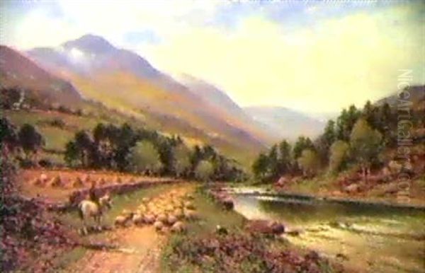 A River Valley With Mounted Shepherd And Flock Oil Painting by Alfred Augustus Glendening Sr.