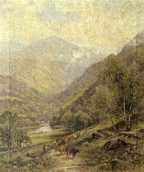 A Wooded Valley With Drover And Cattle On A Path Oil Painting by Alfred Augustus Glendening Sr.