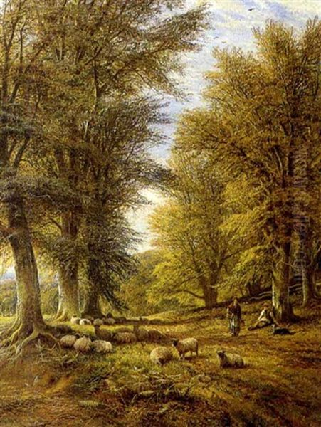 Shepherds With Their Flock In A Wood Oil Painting by Alfred Augustus Glendening Sr.