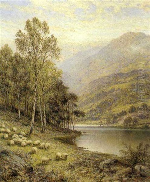 A Wooded River Landscape With A Flock Of Sheep Oil Painting by Alfred Augustus Glendening Sr.