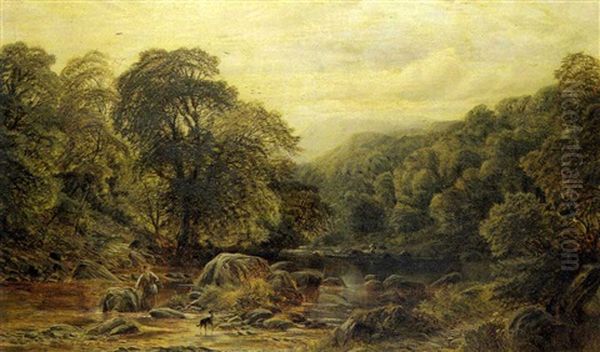 A Wooded River Landscape Oil Painting by Alfred Augustus Glendening Sr.