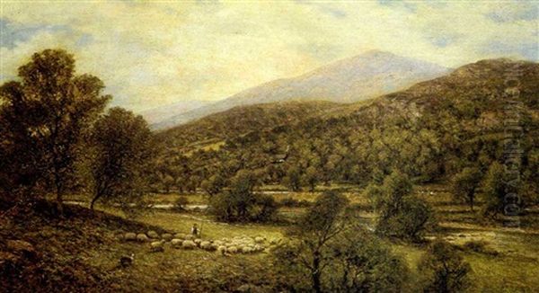 A Wooded River Landscape With A Shepherd And Sheep Oil Painting by Alfred Augustus Glendening Sr.