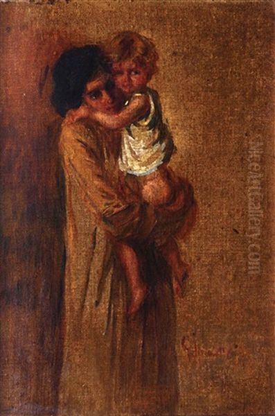 A Mother And Her Daughter Oil Painting by Enoch Henryck (Enrico) Glicenstein