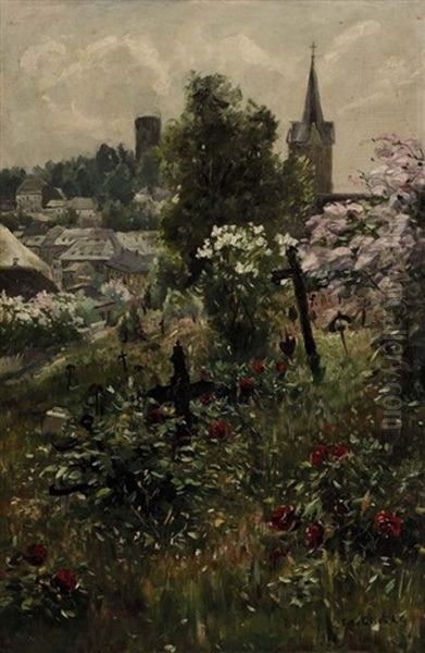 Blick Uber Einen Verwilderten Friedhof Auf Eine Stadt Oil Painting by Ferdinand A. Glienke