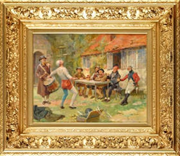 A Scene Outside A Country Tavern With Customers Entertained By A Juggler And Musician Oil Painting by Henry Gillard Glindoni