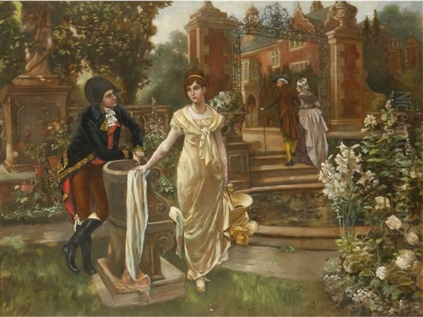 A Soldier And A Lady Conversing In A Stately Garden Whilst Another Couple Walk Back Towards The House Oil Painting by Henry Gillard Glindoni