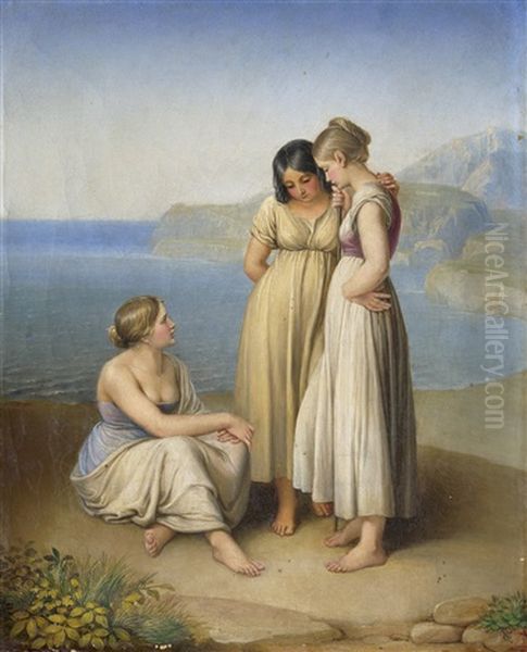 Drei Junge Frauen Am Meeresgestade Oil Painting by Franz Xaver Glink